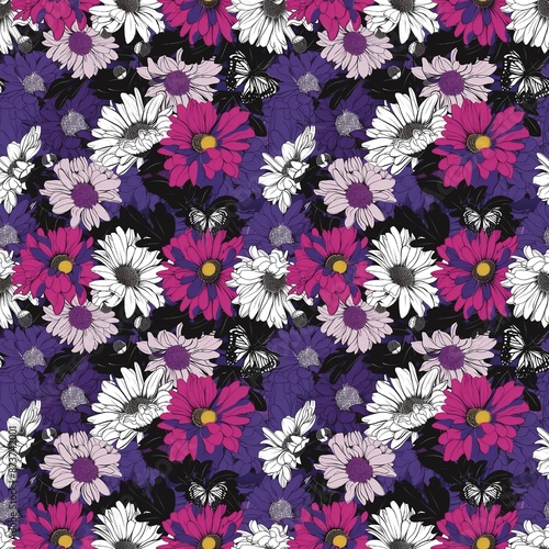 Aster flower, purple, white, pink, leaves, butterfly, purple and black and white, fashion, fabric pattern, seamless, textile, background 