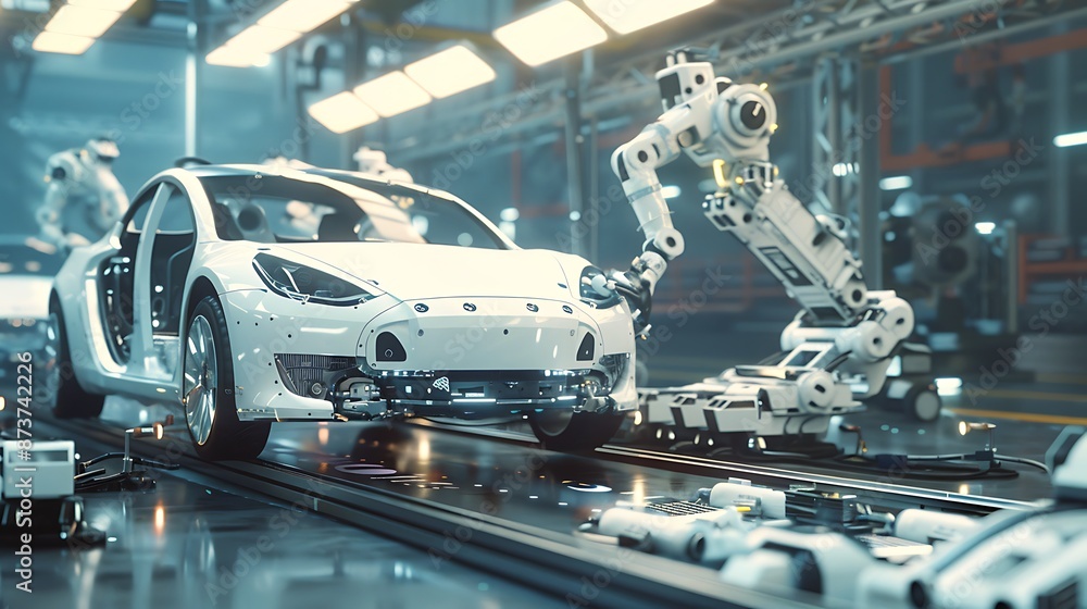 Robotic Arm Assembles Electric Car on Production Line in Automated Factory Robotic Arm Assembles Electric Car on Production Line in Automated Factory