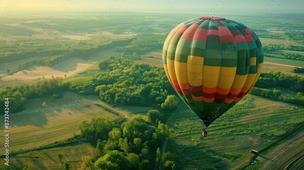 Fototapeta premium Colorful Hot Air Balloon Drifting Over Serene Pastoral Landscape