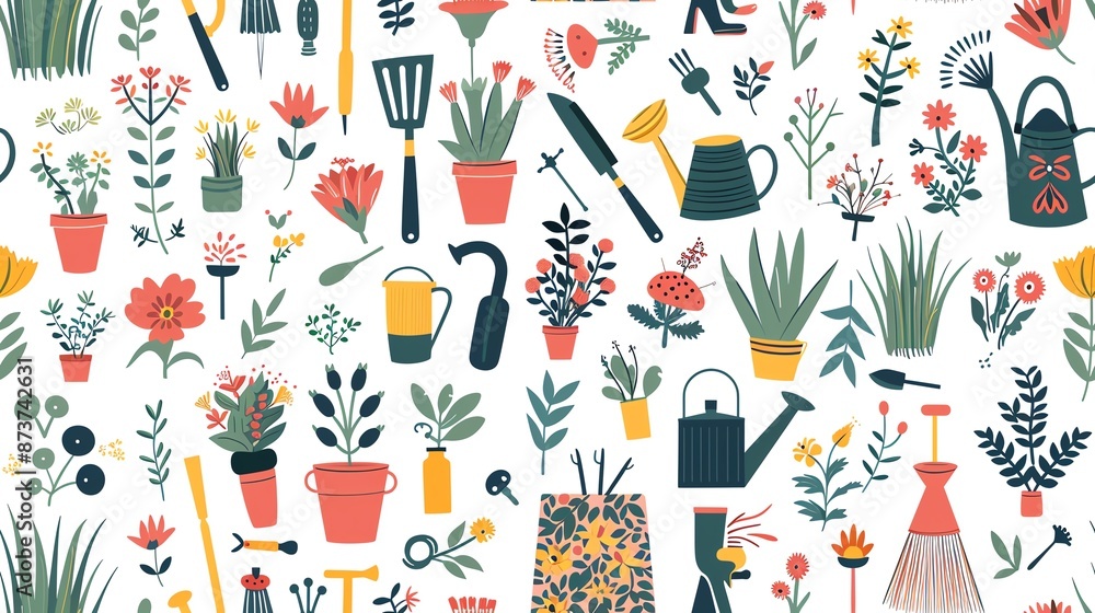 Generate a seamless pattern of gardening motifs like watering cans, plants, and garden tools Generate a seamless pattern of gardening motifs like watering cans, plants, and garden tools