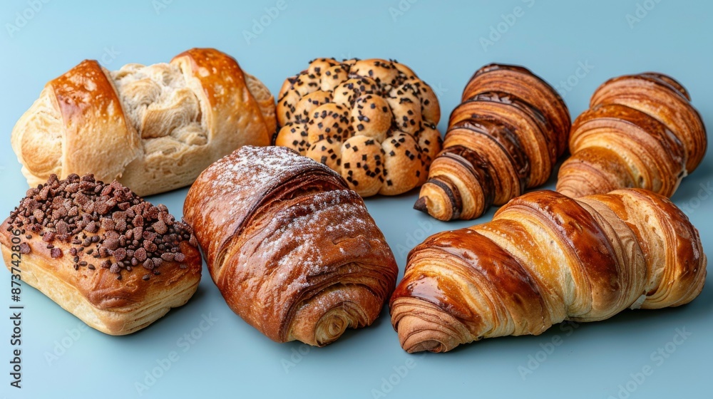 Group of assorted pastries isolated on blue background. Pastry, cakes, buns, biscuits, sweets.
Group of assorted pastries isolated on blue background. Pastry, cakes, buns, biscuits, sweets.