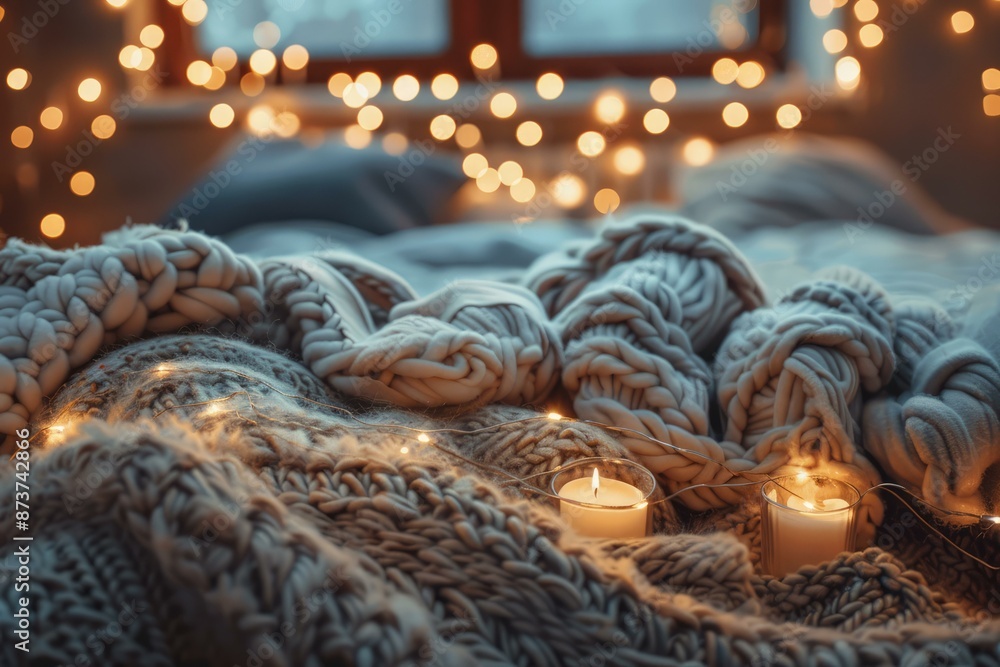 Comfortable setting with chunky knit blankets and soft candlelight, perfect for a cozy evening at home Comfortable setting with chunky knit blankets and soft candlelight, perfect for a cozy evening at home