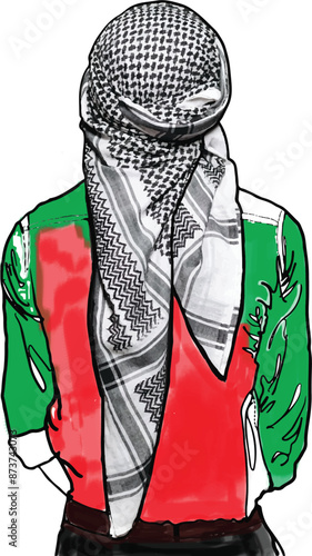 Palestinian man with Kufiyah in Palestine flag colors, free Palestine, Support Palestine 