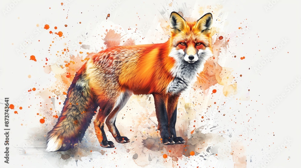 Fototapeta premium Watercolor vibrant fox, minimalist hand drawn nature art