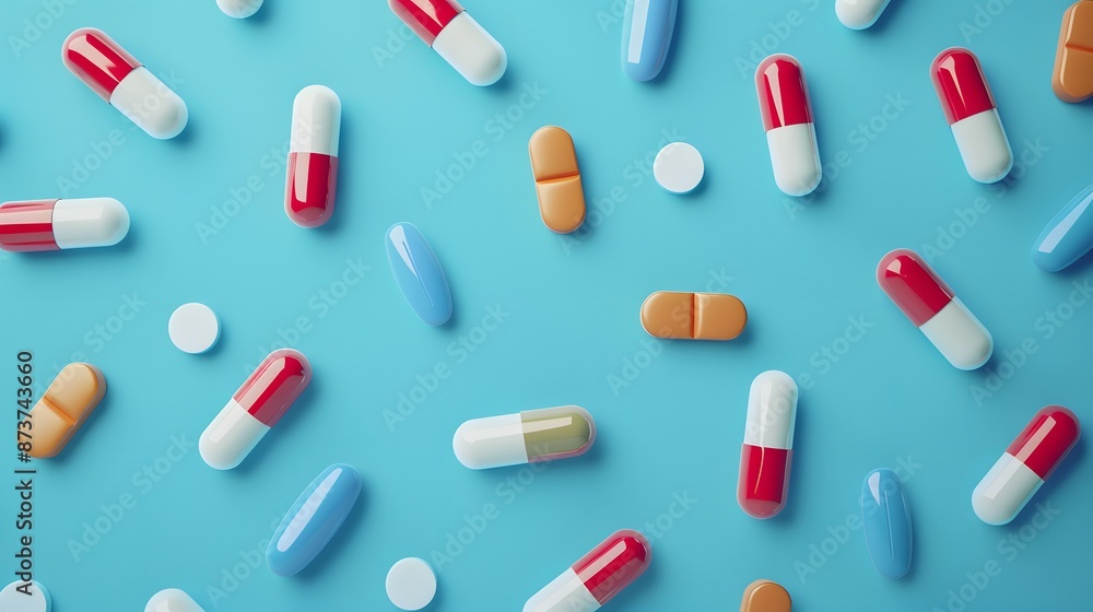 Heap of pills on blue background. Heap of pills on blue background.