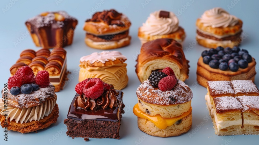 Group of assorted pastries isolated on blue background. Pastry, cakes, buns, biscuits, sweets.
Group of assorted pastries isolated on blue background. Pastry, cakes, buns, biscuits, sweets.