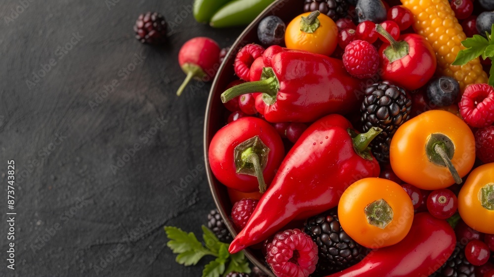 Vibrant assortment of fresh vegetables and fruits including peppers, tomatoes, berries, and corn on a dark background. Vibrant assortment of fresh vegetables and fruits including peppers, tomatoes, berries, and corn on a dark background.