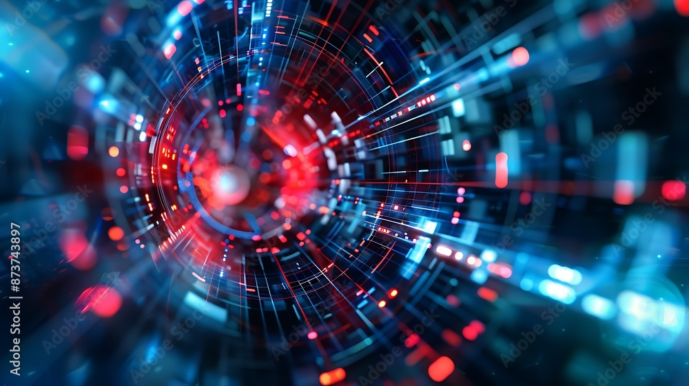 Obraz premium Abstract Technology: Blue and Red Lights Form Futuristic Tunnel of Data