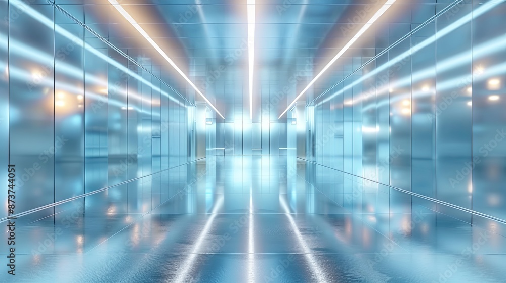 Futuristic Steel Texture Wall in Empty Hall with Reflective Surfaces - Digital Rendering in Silver and Blue Tones Futuristic Steel Texture Wall in Empty Hall with Reflective Surfaces - Digital Rendering in Silver and Blue Tones