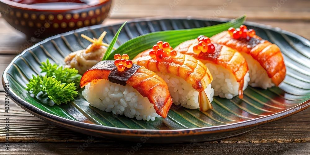 Grilled shrimp sushi and salmon roe sushi on a plate , Japanese cuisine, seafood, sushi rolls, food photography, delicious Grilled shrimp sushi and salmon roe sushi on a plate , Japanese cuisine, seafood, sushi rolls, food photography, delicious