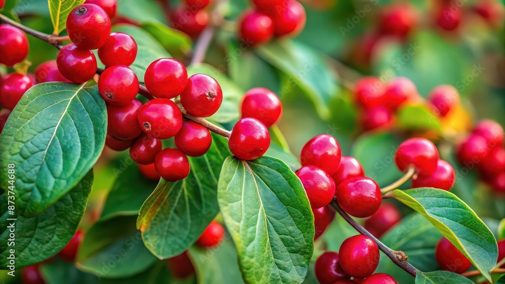 Close up of ripe red forest honeysuckle berries, forest, honeysuckle, berries, red, ripe, close-up, vibrant, nature, organic, wild Close up of ripe red forest honeysuckle berries, forest, honeysuckle, berries, red, ripe, close-up, vibrant, nature, organic, wild