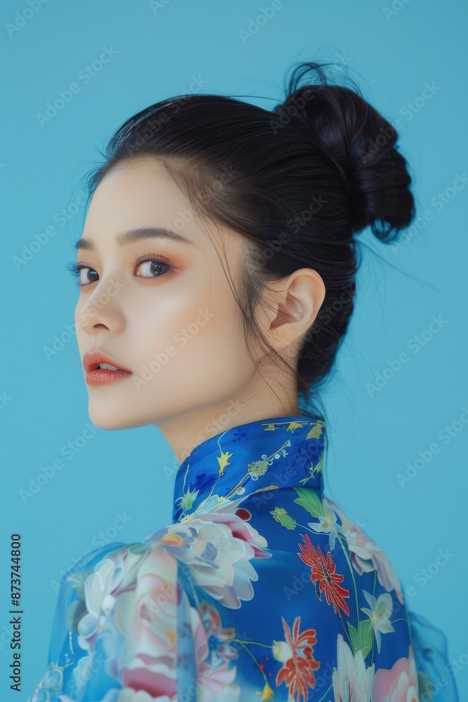 Portrait of young woman in floral attire on blue background Portrait of young woman in floral attire on blue background