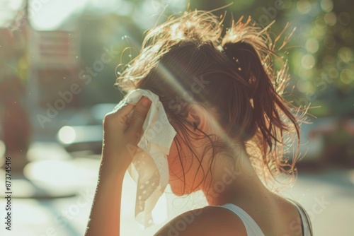 Concept of heat stroke , a people hand holding a tissue to wipe forehead, Generative AI