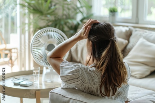 Concept of heat stroke, a people sitting on sofa with his a hand on his head , Generative AI