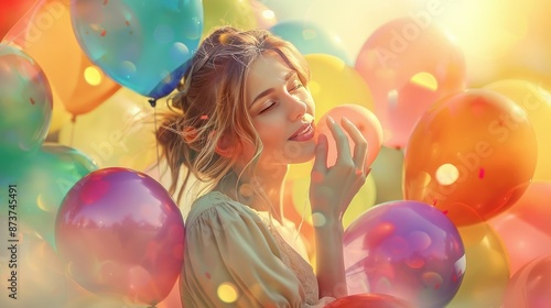 Joyful Woman with Vibrant Multicolored Balloons in Delicate Photographic Style