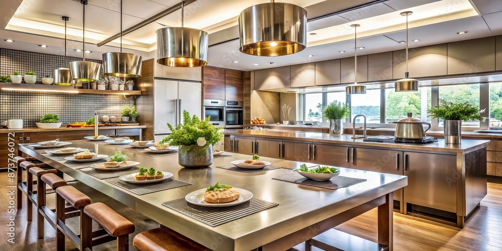 High resolution stock photo of a modern kitchen and hotel interior with luxurious table accessories, luxurious High resolution stock photo of a modern kitchen and hotel interior with luxurious table accessories, luxurious