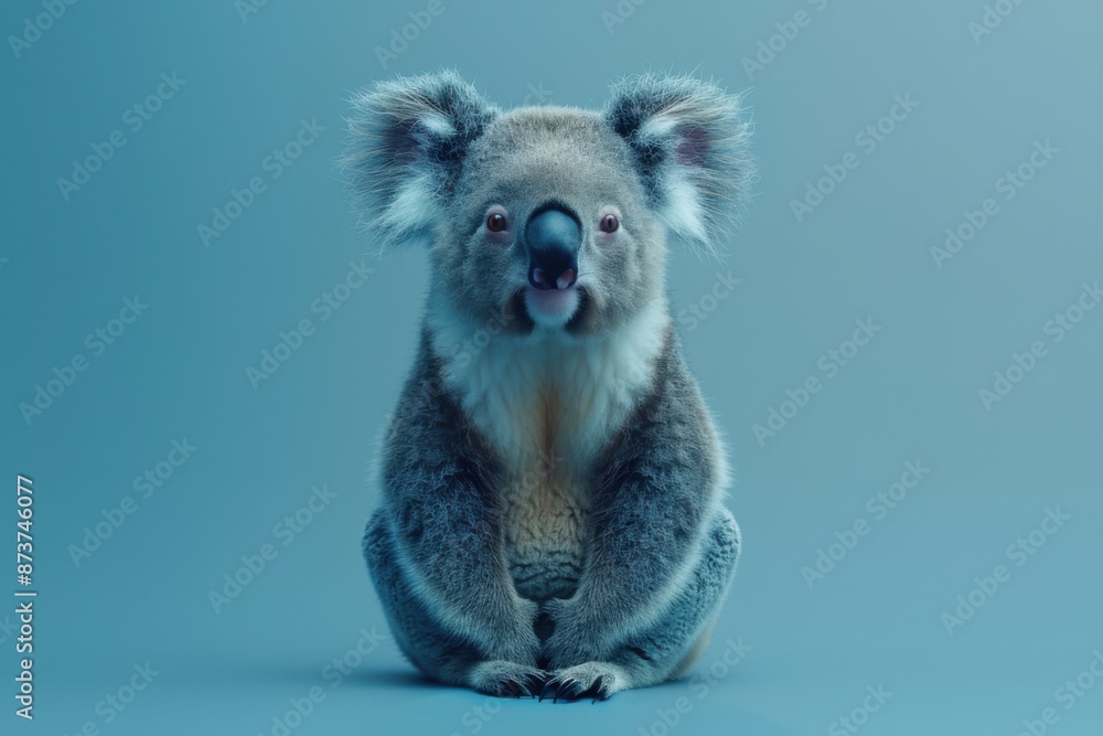 Close-up of a koala sitting calmly against a plain blue backdrop. Close-up of a koala sitting calmly against a plain blue backdrop.