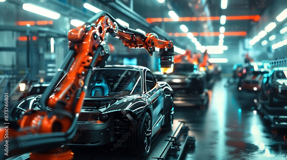 Robotic Arms Assemble a Sports Car on an Automated Production Line in a Futuristic Car Factory Robotic Arms Assemble a Sports Car on an Automated Production Line in a Futuristic Car Factory