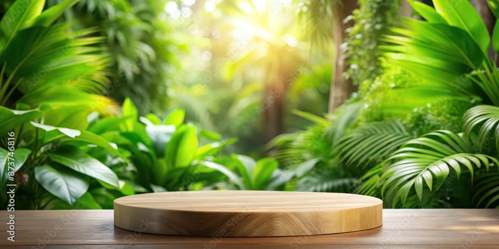 Wooden podium in a lush tropical garden, with blurred green leaf plants in the background, wooden tabletop, podium, outdoor Wooden podium in a lush tropical garden, with blurred green leaf plants in the background, wooden tabletop, podium, outdoor