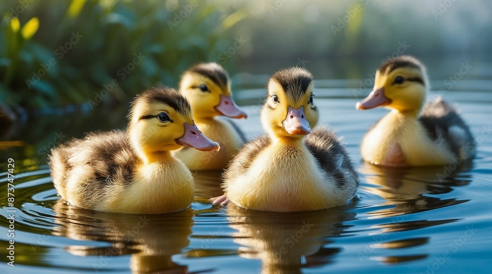 Four Ducklings Swimming in a Pond Four Ducklings Swimming in a Pond