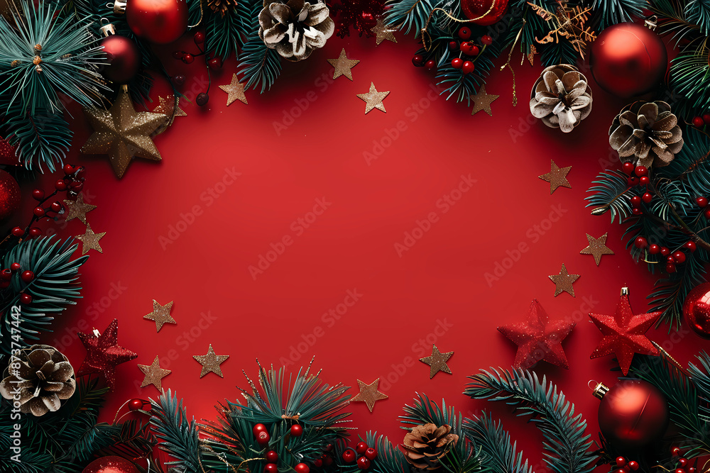 Creative christmas framei on red background. Xmas and New Year holiday, banner, postcard, invitation, celebration. Flat lay, top view Creative christmas framei on red background. Xmas and New Year holiday, banner, postcard, invitation, celebration. Flat lay, top view