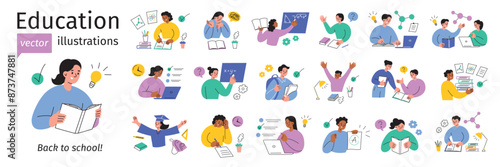 Education vector illustrations set, school children scenes. Studying, exams, homework, academic life, classroom activities collection. Students reading, writing, doing science, math. Back to school