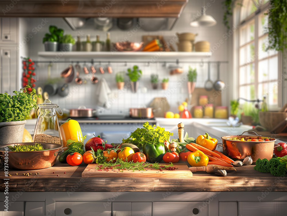 Eine lebendige Küche. Auf einer großen Holzarbeitsplatte sieht man frische und farbenfrohe Zutaten Eine lebendige Küche. Auf einer großen Holzarbeitsplatte sieht man frische und farbenfrohe Zutaten