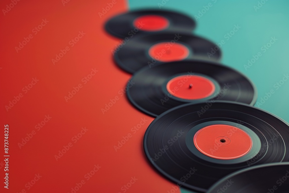 Vinyl records lying on vibrant backgrounds in diagonal pattern. Vinyl records lying on vibrant backgrounds in diagonal pattern.