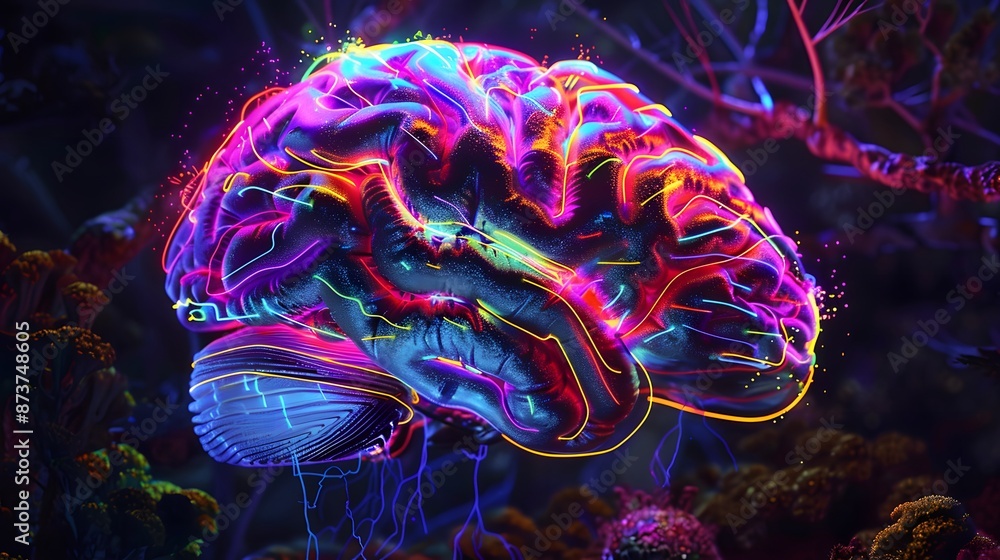 Neon brain structure, Concept art of a human brain exploding with knowledge and creativity. Neon brain structure, Concept art of a human brain exploding with knowledge and creativity.