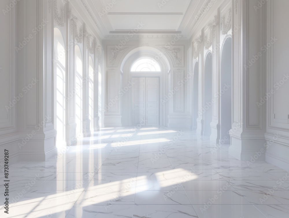 Sunlit Hallway with Elegant White Decor Sunlit Hallway with Elegant White Decor