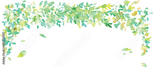 水彩画。水彩タッチの新緑ベクター背景。葉っぱが風に舞う新緑風景。緑の森とエコのイメージ。Watercolor painting. Fresh green vector background with watercolor touch. Fresh green landscape with leaves dancing in the wind. Green forest and ecological