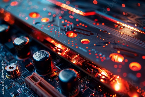 A low-angle shot highlighting the connectors and ports of a graphic card, illuminated by a red glow photo