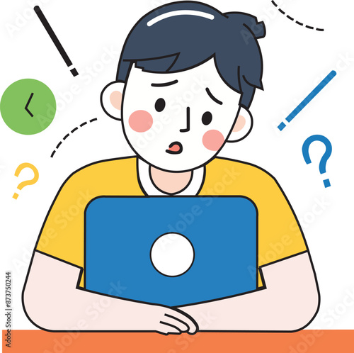 struggling student, confused not understanding, with computer tablet technology, internet online education learning school concept, poor bad comprehension