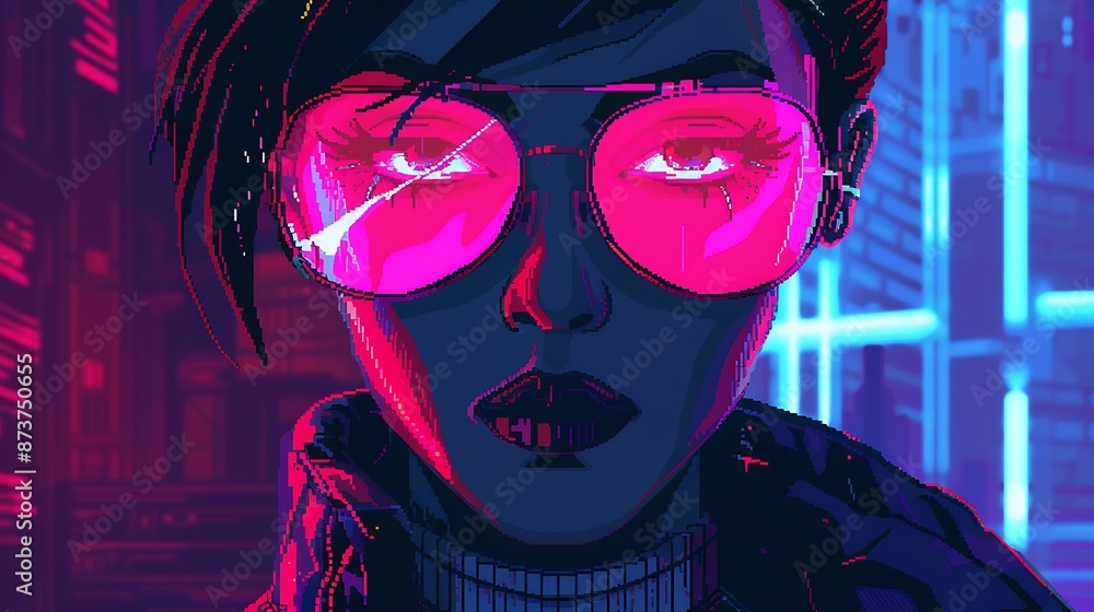 Obraz premium Cyberpunk Woman with Pink Sunglasses Stares Intensely in Neon City