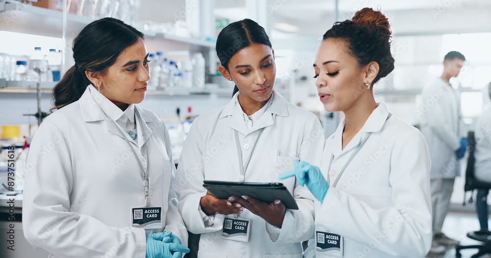 Healthcare, science and women with tablet, research and teamwork for sample testing, dna analysis and cure. People, scientist and group with biotech, internet and cooperation with experiment results Healthcare, science and women with tablet, research and teamwork for sample testing, dna analysis and cure. People, scientist and group with biotech, internet and cooperation with experiment results