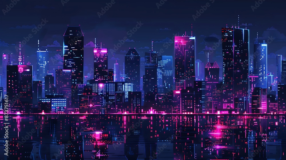 Obraz premium Neon City Skyline Illuminates Night with Vibrant Lights Reflected in Water