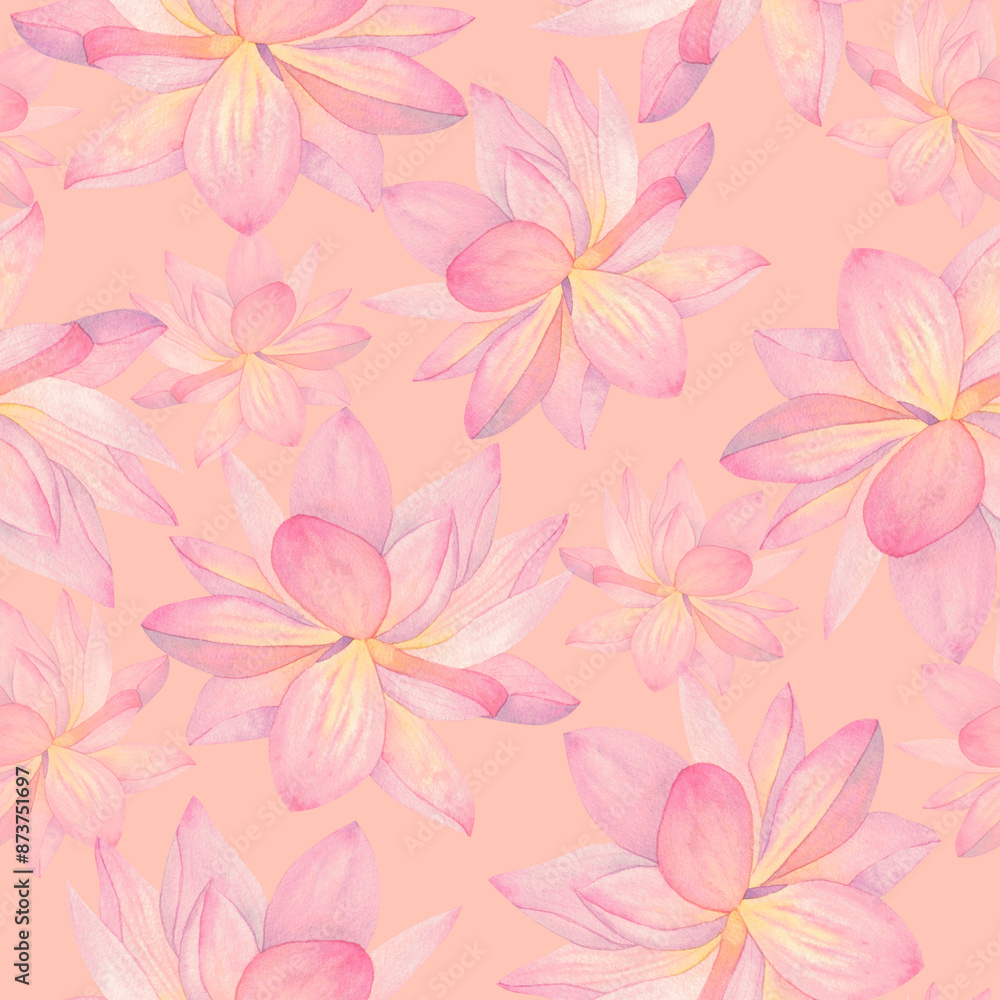 Lotus flowers are pink. Seamless pattern on a peach background. Hand drawn watercolor illustration. For design, fabrics, textiles, wallpaper, prints, wrapping paper Lotus flowers are pink. Seamless pattern on a peach background. Hand drawn watercolor illustration. For design, fabrics, textiles, wallpaper, prints, wrapping paper