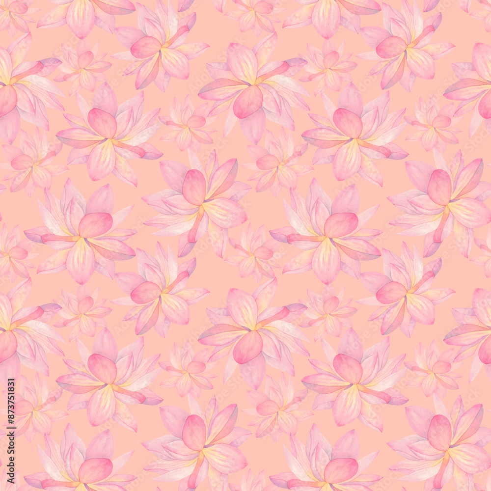 Lotus flowers are pink. Seamless pattern on a peach background. Hand drawn watercolor illustration. For design, fabrics, textiles, wallpaper, prints, wrapping paper Lotus flowers are pink. Seamless pattern on a peach background. Hand drawn watercolor illustration. For design, fabrics, textiles, wallpaper, prints, wrapping paper