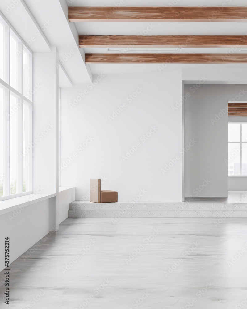 Fototapeta premium Empty property room in warm and neutral colors with a large window providing natural lighting and minimalist furniture. Real Estate conceptual composition with copy space.