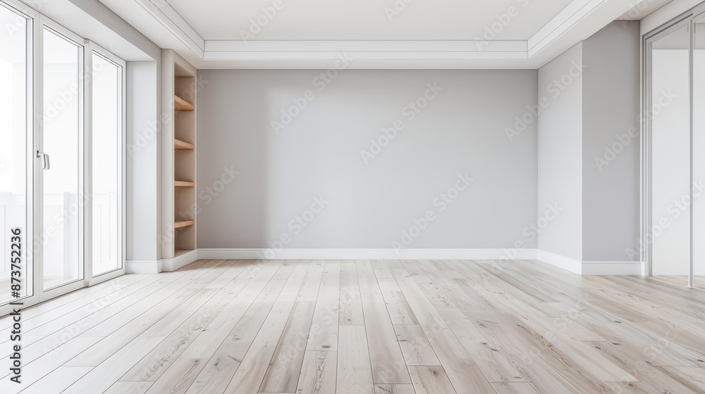 Fototapeta premium Empty property room in warm and neutral colors with a large window providing natural lighting and minimalist furniture. Real Estate conceptual composition with copy space.