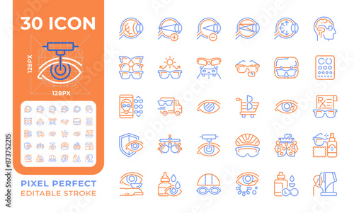 Eye care two color line icons set. Vision protection. Equipment maintenance. Vision exam. Perception testing bicolor outline iconset isolated. Duotone pictograms thin linear. Editable stroke