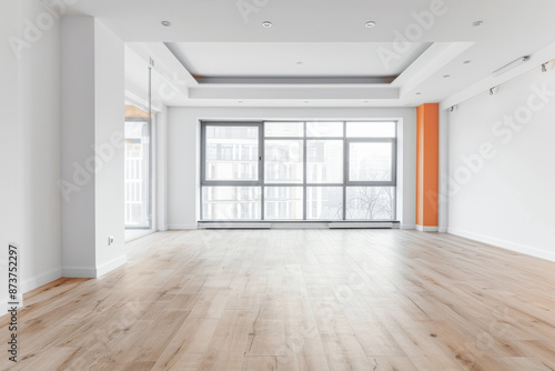 Wallpaper Mural Empty property room in warm and neutral colors with a large window providing natural lighting and minimalist furniture. Real Estate conceptual composition with copy space. Torontodigital.ca