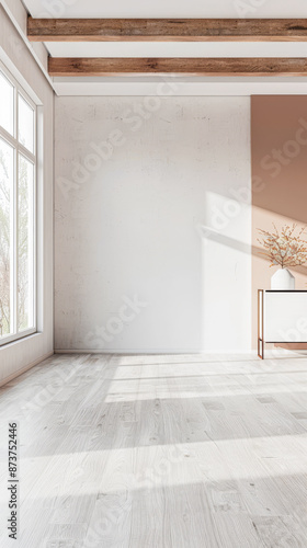 Empty property room in warm and neutral colors with a large window providing natural lighting and minimalist furniture. Real Estate conceptual composition with copy space.