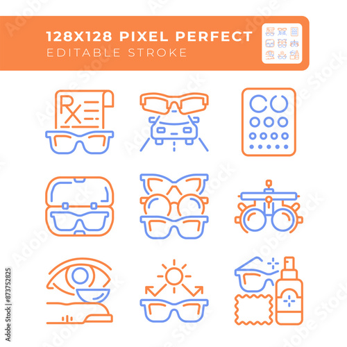 Eyecare and vision care two color line icons set. Glasses prescription. Optometry, eye health and eyewear maintenance bicolor outline iconset isolated. Duotone pictograms thin linear. Editable stroke