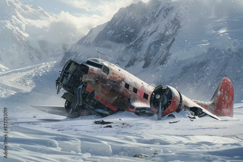Desolate scene of a crashed airplane amidst a snowy mountain range under a somber sky