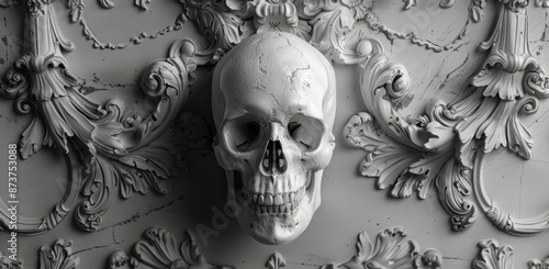 Ornate White Plaster Skull Relief in Decorative Design