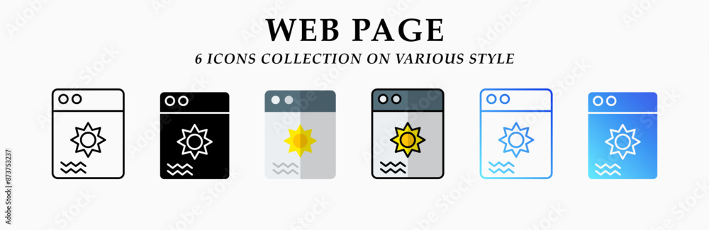 Web page icons collection. 6 Various styles. Lineal, solid Black, flat, lineal color and gradient. For sign, symbol, presentation, infographic or web graphics. Vector Illustration. Web page icons collection. 6 Various styles. Lineal, solid Black, flat, lineal color and gradient. For sign, symbol, presentation, infographic or web graphics. Vector Illustration.