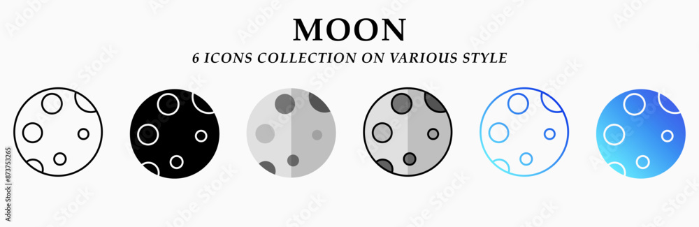 Moon icons collection. 6 Various styles. Lineal, solid Black, flat, lineal color and gradient. For sign, symbol, presentation, infographic or web graphics. Vector Illustration. Moon icons collection. 6 Various styles. Lineal, solid Black, flat, lineal color and gradient. For sign, symbol, presentation, infographic or web graphics. Vector Illustration.