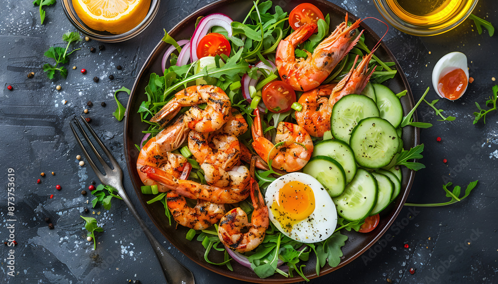 Ideas for attractive vegetable salads served with grilled shrimp and boiled egg, businesses, cuisine, restaurants, shrimp, food, salad, meal, cilantro, vegetables, cucumber, onion, and AI-generated. Ideas for attractive vegetable salads served with grilled shrimp and boiled egg, businesses, cuisine, restaurants, shrimp, food, salad, meal, cilantro, vegetables, cucumber, onion, and AI-generated.
