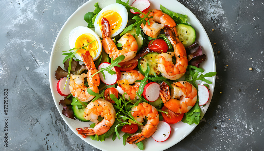Ideas for attractive vegetable salads served with grilled shrimp and boiled egg, businesses, cuisine, restaurants, shrimp, food, salad, meal, cilantro, vegetables, cucumber, onion, and AI-generated. Ideas for attractive vegetable salads served with grilled shrimp and boiled egg, businesses, cuisine, restaurants, shrimp, food, salad, meal, cilantro, vegetables, cucumber, onion, and AI-generated.